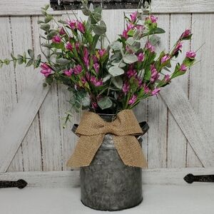 Galvanized Metal Milk Can Vase with Pink Floral Arrangement & Burlap Bow Country